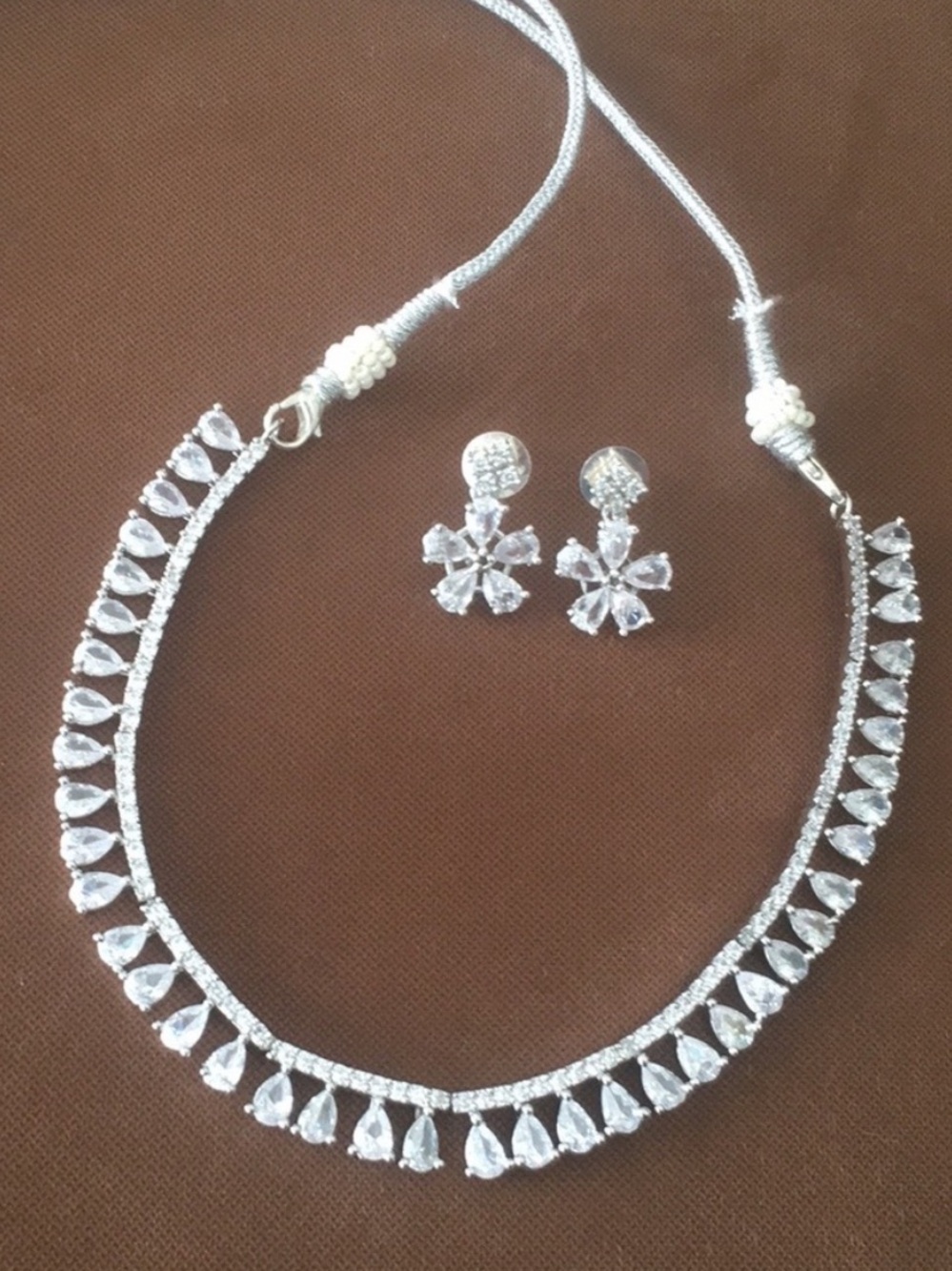 Zirconia Choker Necklace Earrings Set Silver Bollywood Indian Bridal Jewelry NWT
